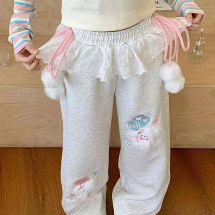 Cute Cartoon Wide Leg Pant Women Lace Patchwork High Waist Sweet Trousers Vintage Japan Preppy Style Fall Winter Kawaii Pants