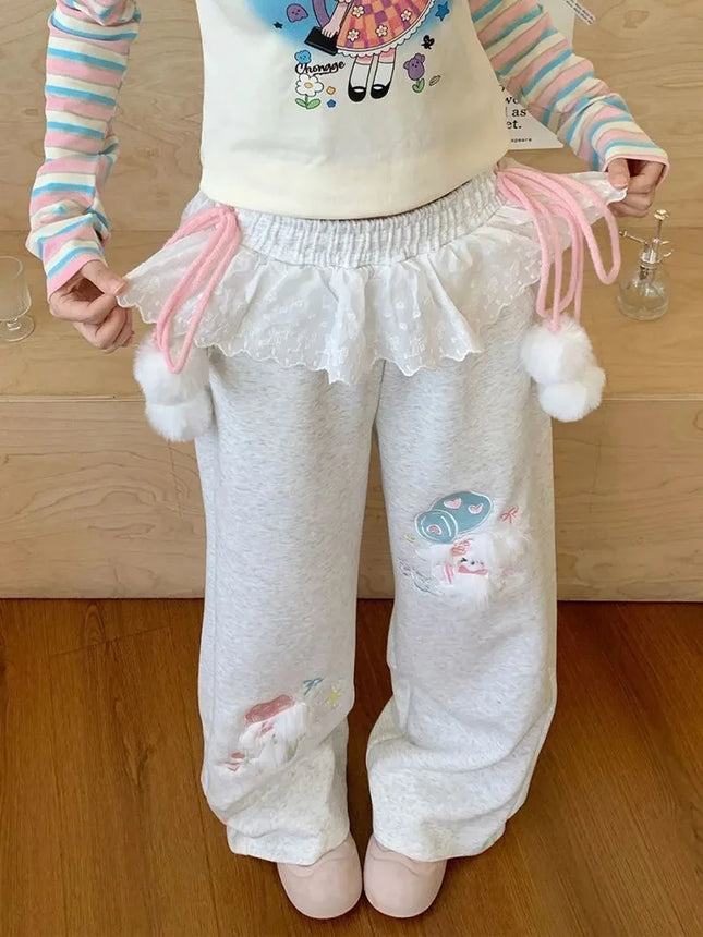 Niedliche Cartoon-Weite Hose Damen Spitze Patchwork Hohe Taille Süße Hose Vintage Japan Preppy Style Herbst Winter Kawaii Hose
