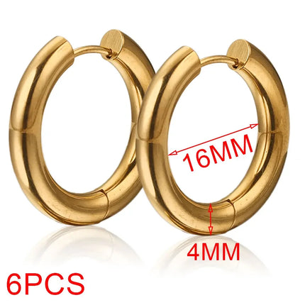 6pcs Stainless Steel 4mm Thick Earrings Gold Plated Large Round Korean Ear Rings Hoop Earring for Women Female Jewelry Luxury