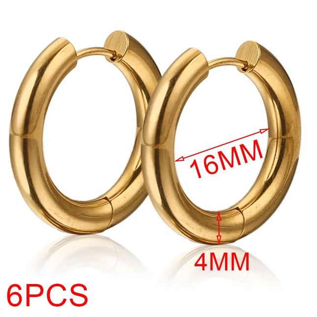 6pcs Stainless Steel 4mm Thick Earrings Gold Plated Large Round Korean Ear Rings Hoop Earring for Women - product image 8