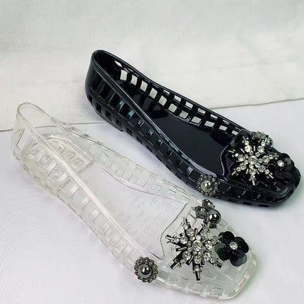 New Korean Ins Jelly Shoes Crystal Shoes Transparent Square Toe Clogs Summer Outdoor Commuting Lazy Slide Sandals