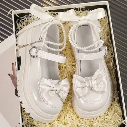 Lolita Shoes Heart Buckle Women Sweet Bow Pearl Chain Mary Janes Shoes Woman PU Leather Thick Bottom Party Pumps Mujer Zapatos
