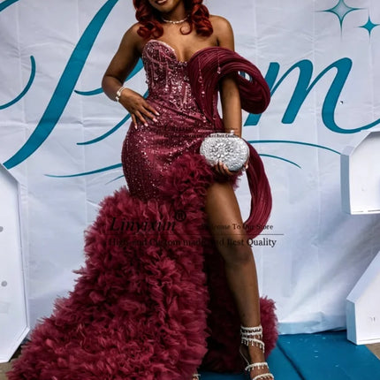 Sparkly Sequin Crystal Mermaid Prom Dress Customized Black Girl Evening Party Gown African Side Slit Ruffles Wedding Party Dress