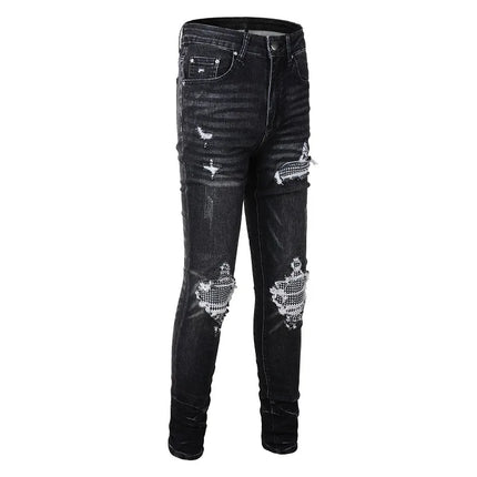 Gray Distressed jeans Holes Paisley Bandanna Patchwork pants Skinny Stretch Ripped Jeans Men