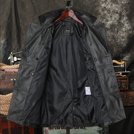 2025 Black Long Casual Style Cowhide Lapel Windbreake Men's Leather Jacket Natural Calf Skin Thick Double Breasted Men Clothing