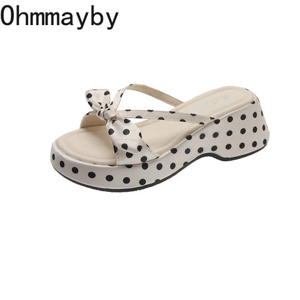 2026 New Summer Women Polka Dot Slippers Open Toe Platform Thick Sole Shoes Casual Ladies Outdoor Beach Vacation Dress Slides
