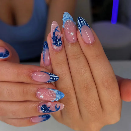 24pcs Almond False Nails Tips Summer Beach Colorful Nails Sets with Pearl Flower Design Press on Nails Art Wearable Fake Nail