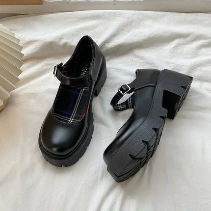 Platform Shoes for Women Mary Jane Shoes Concise Lolita Black Heeled Shoes Student College Sweet Medium Heel Women Single Shoe