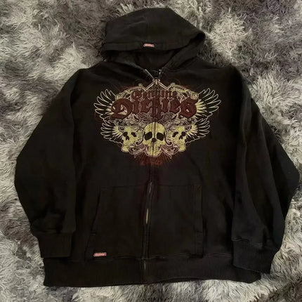 Harajuku Black Hoodie Fashion Street Gothic Skull Oversize Zipper Hoodie Men Women Hip Hop Casual Sweatshirt Personality Hoodie