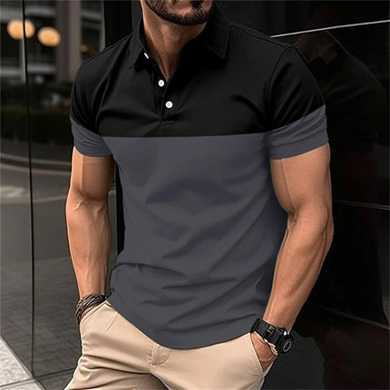 Fashion Two Tone Splicing Printed Men's Polo T Shirt Summer Lapel Short Sleeve Tops Business Casual Golf Wear Oversized T-shirts