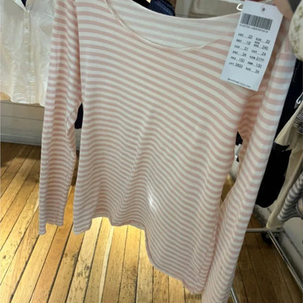 Sweet Pink Striped Long Sleeve T-shirt Women New Spring Cotton Raw Hem Slash Neck Slim Tee Tops Cute Preppy Style T shirt Y2K