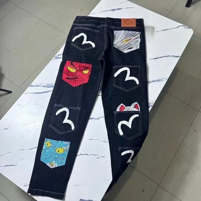 Vaqueros de hombre Harajuku con estampado del Dios de la Fortuna, multipantallón vaquero con bolsillos, pantalones de trabajo nuevos, pantalones cargo, ropa informal de calle, moda de otoño, nuevo