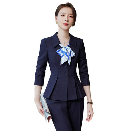 2024 New Spring Female Elegant Women's Skirt Suits Apricot Navy Blue Blazer +Trouser Bussiness Jacket Office Lady 2 Pieces Set