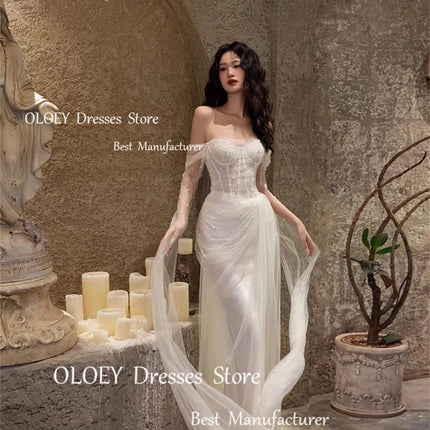 OLOEY Exquisite Ivory Wedding Dresses Photoshoot Pearls Sweetheart Long Sleeves Bridal Gowns Pleated High Slit Customized