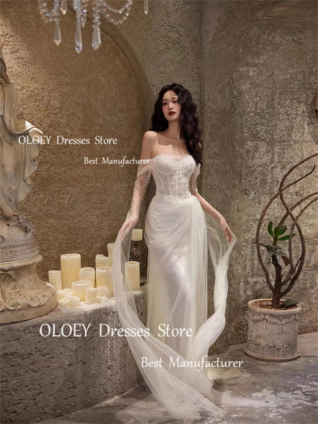 OLOEY Exquisite elfenbeinfarbene Hochzeitskleider Fotoshooting Perlen Sweetheart Langarm Brautkleider Plissiert Hoher Schlitz Maßgeschneidert