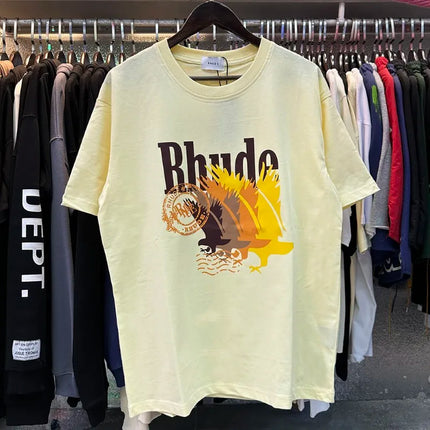 Black Vintage RHUDE Racing Laurel Wreath T-shirt R Logo Grand Prix Crew Neck Cotton RHUDE Casual Streetwear Short Sleeve Top Tee
