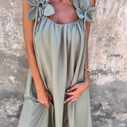 V-neck Solid Color Short Sleeved Lace Up Women's Dress High Street Fashion Elegant Commuting Style Summer Dresses