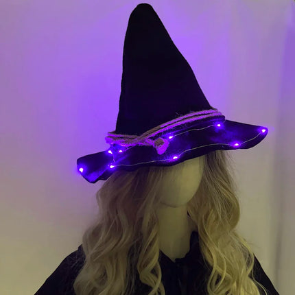 LED Light Up Witch Hat Black Pointed Wizard Hat with Rope Glowing Party Hats Halloween Cosplay Costume Accessory for Women