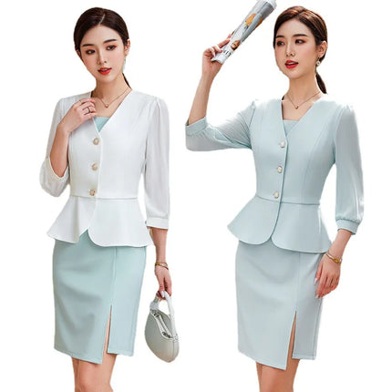 Women Casual 2 Pieces Set 2024 New Fashion Lantern Sleeve Jacket + White Dress Suit Office Ladies Business Blazers Skirt Set
