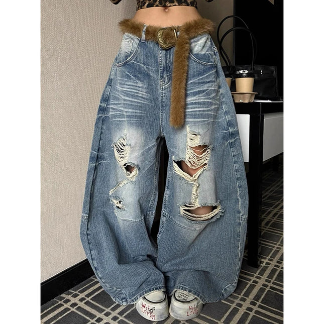 ZHIZOU Women Blue Baggy Y2k Ripped Jeans Hip Hop Grunge Wide Jean Pants Vintage 2000s Harajuku Denim Trousers Clothes Summer