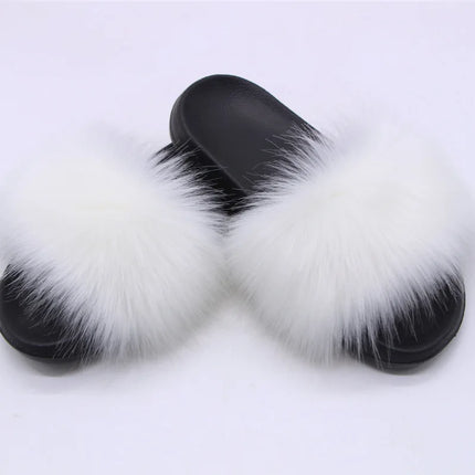 Women's  Faux Fox Fur Slides Fluffy Open Toe Slippers Indoor Outdoor Casual Flat Sandals Luxury Furry Slide Shoes for Ladies