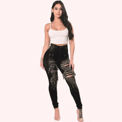 HOLE Denim Women 2026 High Waist Ripped Jeans for Women Skinny Black Pockets Jeans Woman Elastic Slim Jean Female Femme Pants
