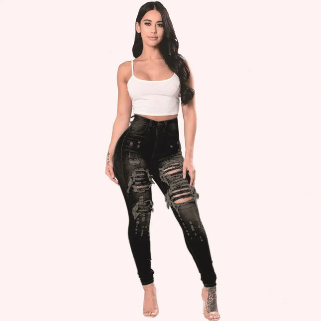 HOLE Denim Women 2026 High Waist Ripped Jeans for Women Skinny Black Pockets Jeans Woman Elastic Slim Jean Female Femme Pants