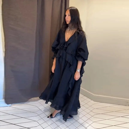 Elegant Ruffle Women's Dress Summer Solid V Neck Full Sleeve Loose Long Casual Dresses New Street Beach Vacation Robe 2026