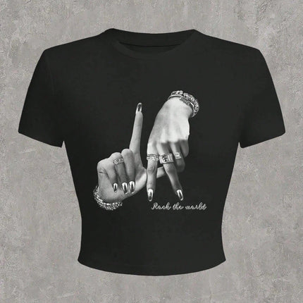 2026 Summer Casual Minimalist LA Hand Sign Hip Hop Print Short Sleeve Women's T-shirt Crop Top Tee Y2k Ladies Clothes Female Tee