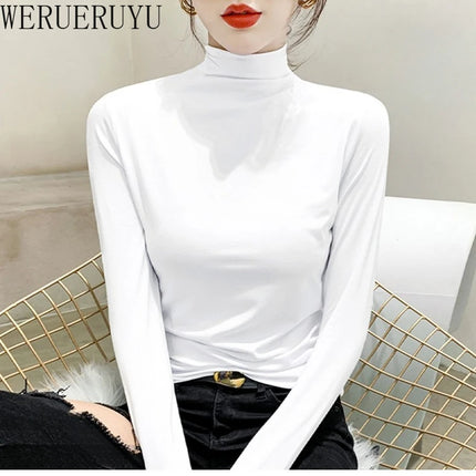 Black Turtleneck T-shirt Long Sleeve Tops Y2k Clothes Autumn Winter Korean Modal Elegant T-shirts for