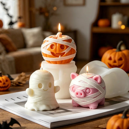 3D cute Halloween Silicone Candle Mold-Pumpkin Bear Mummy Piggy Ghost Mold Soap Plaster Resin Handmade Home Decoration
