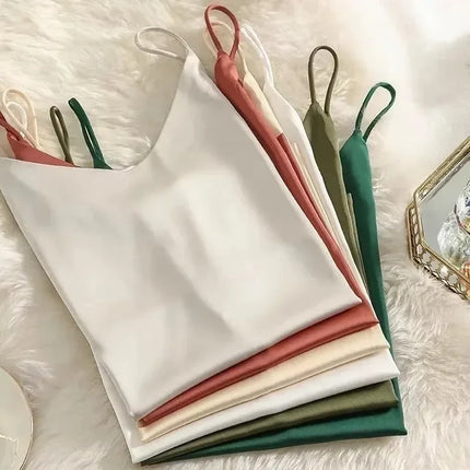 Woman T-shirts Elegant Faux Silk Satin Blouse Sleeveless Female Summer Casual Loose Tanks and Camis Solid Green Tops for Women
