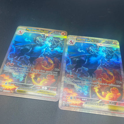 1PCS DIY Self-made PTCG Mega Charizard X Japanese Version And English Version Refractive Color Flash Game Collection Card
