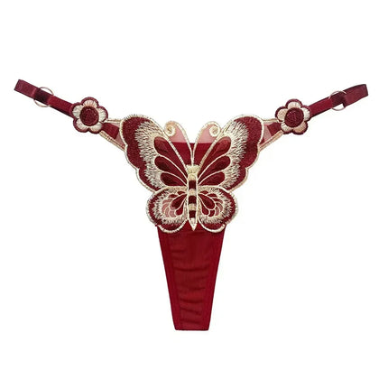 European Style Exquisite Butterfly Embroidered Thong Girl's Sweet Flower Perspective Lingerie for Women's Sexy Adjustable Briefs
