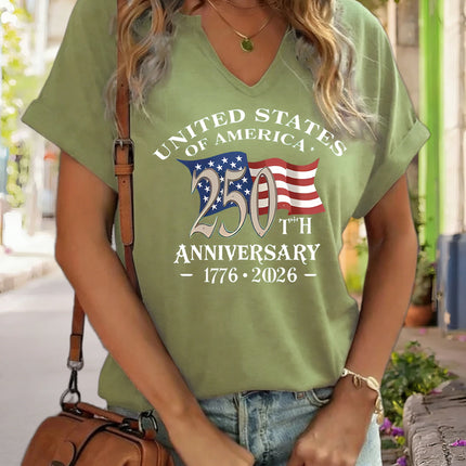 Women's V-Neck "USA 250th Anniversary 1776-2026" Graphic Tee, American Flag Print T-Shirt, Casual Patriotic Short Sleeve Top