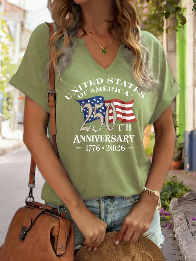 Damen V-Ausschnitt „USA 250th Anniversary 1776-2026“ Grafik-T-Shirt, T-Shirt mit amerikanischer Flagge, lässiges patriotisches Kurzarm-Oberteil