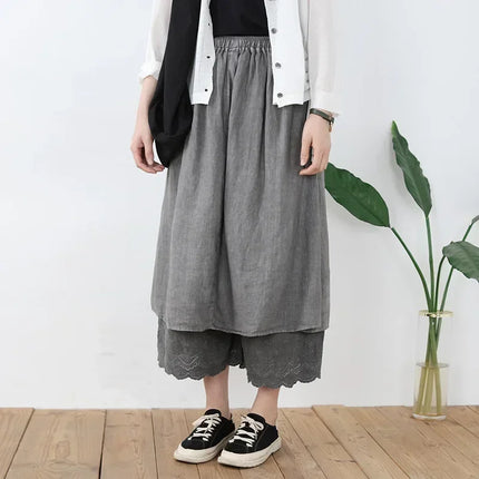 100% Cotton Linen Mori Girl Floral Embroidery Hem Wide Leg Pants Skirt Aesthetic Fairy Grunge Medieval Loose Distressed Trousers