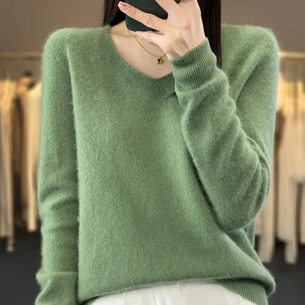 Fashion100% Merino Wool Sweater Cashmere  Pullover Women Knitwear V-Neck Long Sleeve  Autumn Winter Fashion Basic Clothing  Tops