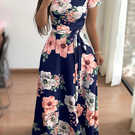 Slim Dresses Casual Long Sleeve Round Neck Flower Printed Dress Strap Floor-Length Long Skirt Clothing