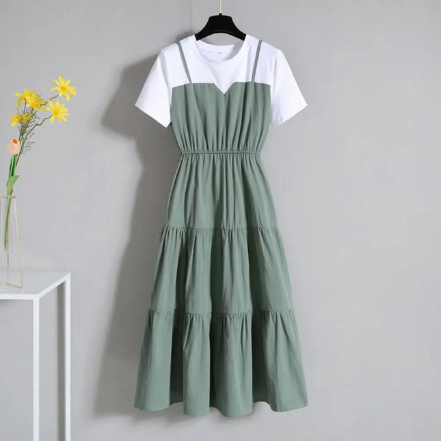 2024 Fashion Strap Fake Two piece Dress Block Summer Short sleeved Dress Women's Waist Tight Dress - product image 2