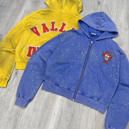E Washed BlackHole Set with Diamonds Fashion  Men 1:1 High Street Women Streetwear American Streetwea zipper VA Hoodies