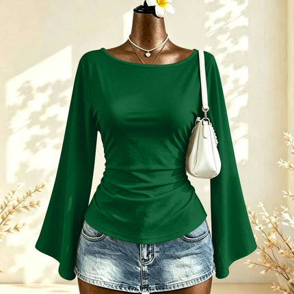 Boat Neck Flare Long Sleeve Side Ruched Fitted Casual Blouse Slim Fit Basic Top
