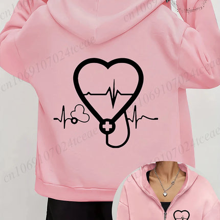 Women's Autumn Winter Hoodies Stethoscope EKG printed zipper Hooded Jackets Nursing Zipper Pocket Sweatshirt Nurse Life Outwear