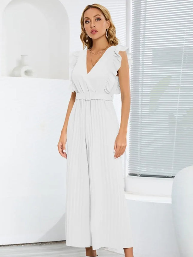 Damen-Jumpsuit, lange Hose, Fledermausärmel, V-Ausschnitt, hohe Taille, Gürtel, verkürzte Faltenhose, einfarbig, Temperament, Mode, Damenbekleidung