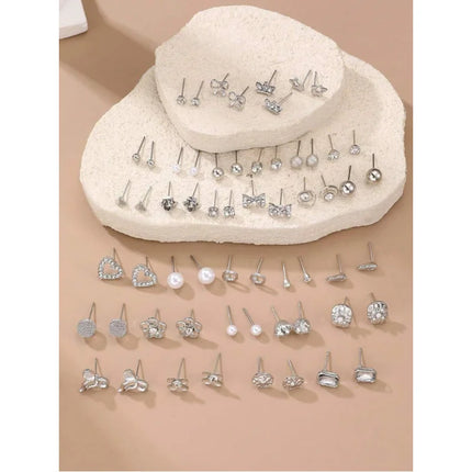 30 Pairs Elegant Metal Butterfly Flower Pearl Rhinestone Stud Earrings Set for Women