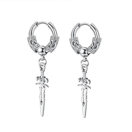 2pcs Stainless Steel Dragon Coil Sword Pendant Drop Hoop Earrings Unique Punk Hip Hop Style for Men Women Daily Wear Jewelry