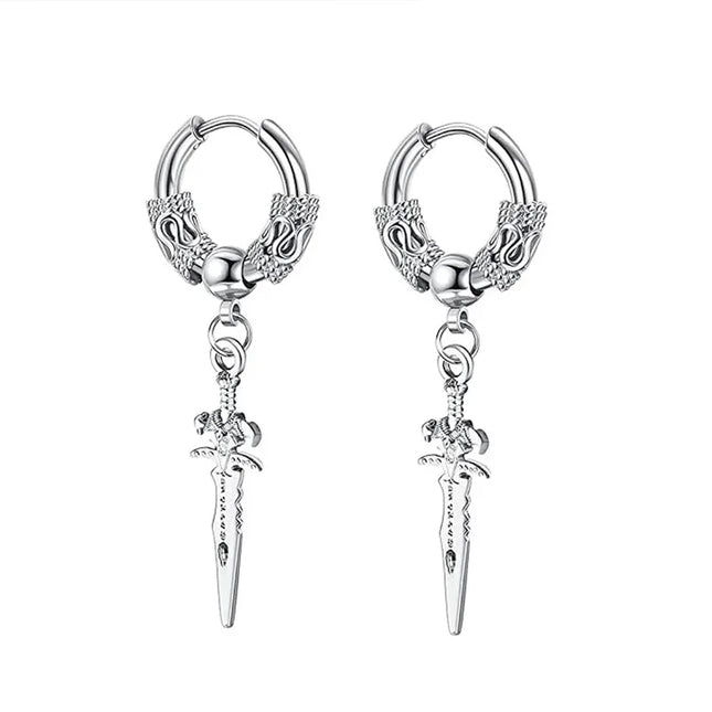 2pcs Stainless Steel Dragon Coil Sword Pendant Drop Hoop Earrings Unique Punk Hip Hop Style for Men - product image 4