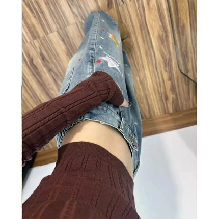 Spring Men's Graffiti Star Embroidered Baggy Jeans High Street Retro Straight Wide-Leg Denim Pants  New Y2K Vintage Jean