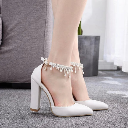 Maogu Woman Wedding High Heels Elegant Medium Heel Women's Shoes 2023 Pearl Rhinestone Ladies White Pumps Crystal Buckle Strap