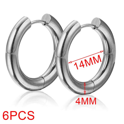 6pcs Stainless Steel 4mm Thick Earrings Gold Plated Large Round Korean Ear Rings Hoop Earring for Women Female Jewelry Luxury